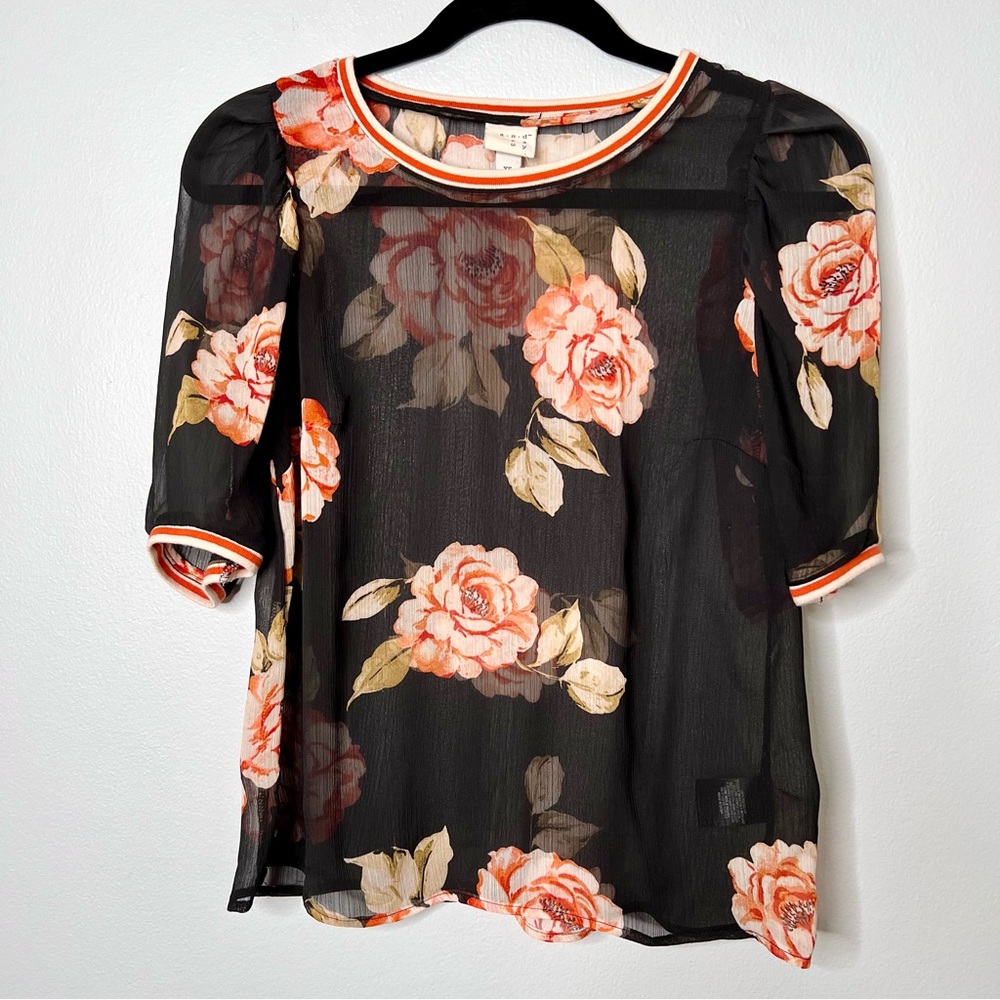 A New Day Dark Floral Sheer Ringer Top Orange Black Sz XS Whimsigoth Fairy Fall